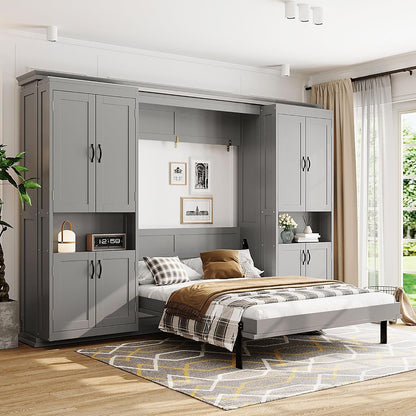 Modern Full Murphy Bed with Dual Sliding Doors Storage Cabinets, Wood Hidden Wall Bed with Dual 6-Tier Side Shelves, Large-Capacity& Space-Saving (Gray-12.9)3