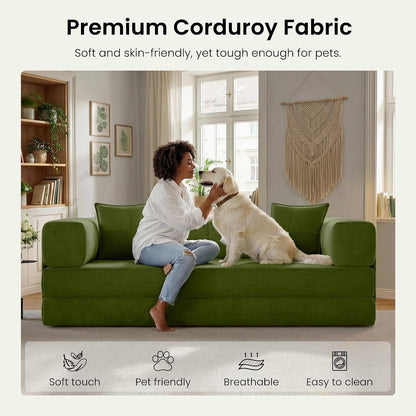 78.8" Convertible Futon Sofa Bed, Boneless Couch for Living Room | Corduroy Boneless Loveseat Sleeper Sofa, Modular Futon Couch with Storage Pocket, Pull Out Couch No Assembly | Green6
