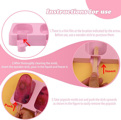 Popsicle Silicone Molds Set, 2 PCS Ice Cream Mold(Standard Size/Pink) | with 50 Wooden Sticks for Cake Pop, Ice Pop, Cakesicles4