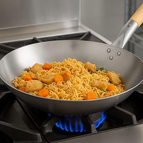 '- 14” Carbon Steel Wok Pan Flat Bottom with Wooden Handle- Chinese Wok Pan Stir-Fry Pans Cookware Saute Pan Ideal for Stovetop Cooking3