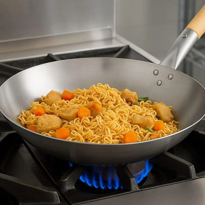 '- 14” Carbon Steel Wok Pan with Wooden Handle- Chinese Wok Pan Stir-Fry Pans Cookware Saute Pan Ideal for Stovetop Cooking Home Kitchen Restaurant3