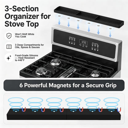30" Magnetic Stove Top Shelf, Silicone over the Stove Spice Rack Organizer | Heat Resistant Silicone, Anti-Rattle No-Scratch Range Shelf, 3 Functional Partitions Kitchen Storage for Spices5