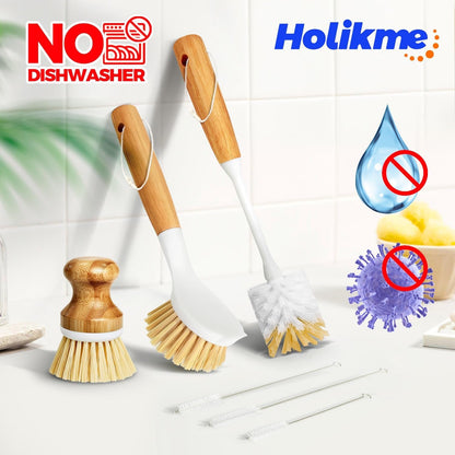 6 Pack Dish Brush with Bottle Brush Scrub Brush Straw,Yellow | Dish Brush, Palm Scrub Brush and Straw Brush, Dish Scrubber Long Handle for Dish Bottle Cup Skillet Wok Pot Pan Cast Iron5