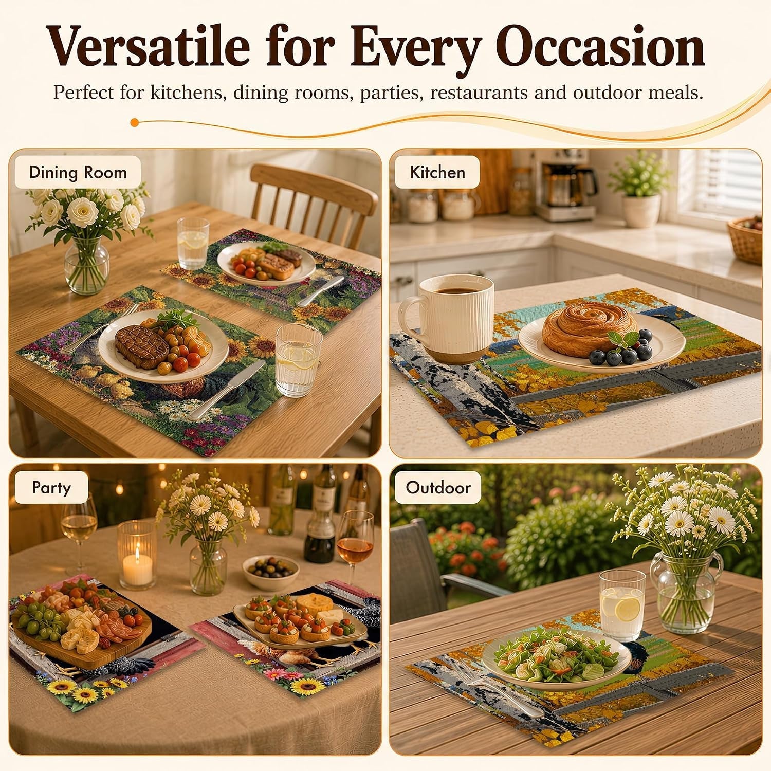 linen-placemats-set-of-6-farmhouse-chicken-sunflower-12-x-18-inch-dining-table-mats-washable-waterproof-stain-resistant-reusable-place-mats-for-kitchen-indoor-outdoor-home-party-decor