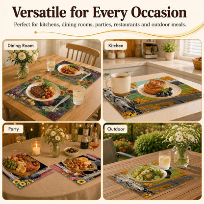 Linen Placemats Set of 6, Farmhouse Chicken Sunflower 12 X 18 Inch Dining Table Mats, Washable Waterproof Stain Resistant Reusable Place Mats for Kitchen, Indoor Outdoor, Home Party Decor7