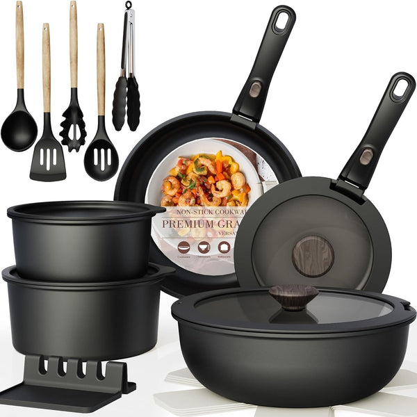 21 Pcs Pots and Pans Set Non Stick, Ceramic Cookware Set Detachable Handle, RV Kitchen Cooking Set Removable Handles, Oven Safe, Induction Ready, Stackable, Black, Fathers Day Gift for Men1