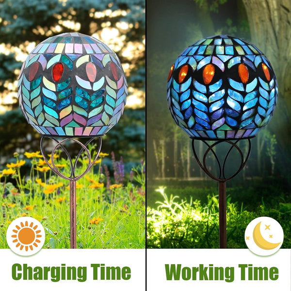 Decorative Solar Garden Lights, 6" Mosaic Globe Outdoor Stake5