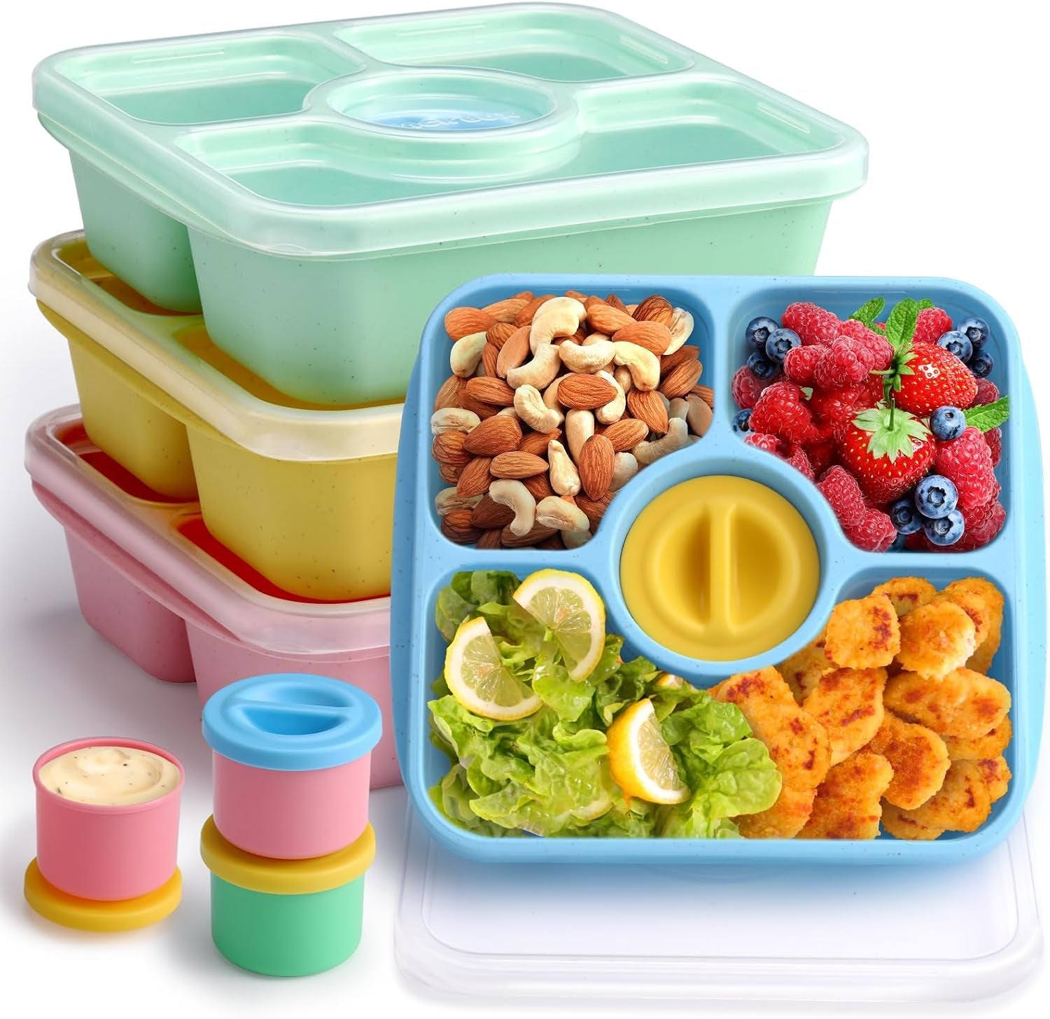 bento-snack-box-containers-for-adults-kids-4-pack-lunchable-meal-prep-containers-reusable-stackable-bento-lunch-box-food-storage-prep-containers-with-lids-and-4-sauce-cups-pastel-color-clear-lid