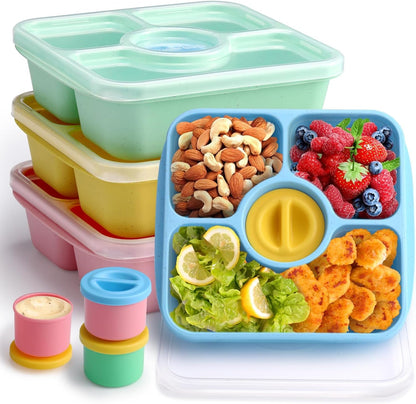 Bento Snack Box Containers for Adults Kids, 4 Pack Lunchable Meal Prep Containers Reusable, Stackable Bento Lunch Box, Food Storage Prep Containers with Lids and 4 Sauce Cups, Pastel Color, Clear Lid1