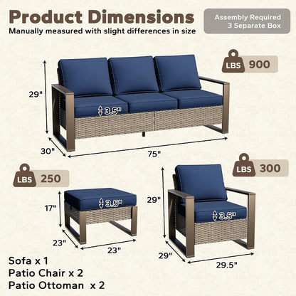 5 Pieces Metal Wicker Patio Furniture Set - 75" Sofa, Two Armchairs and Two Ottomans, All Weather Rattan Outdoor Conversation Furniture with Washable Cushion for Deck Porch, Dark Blue3