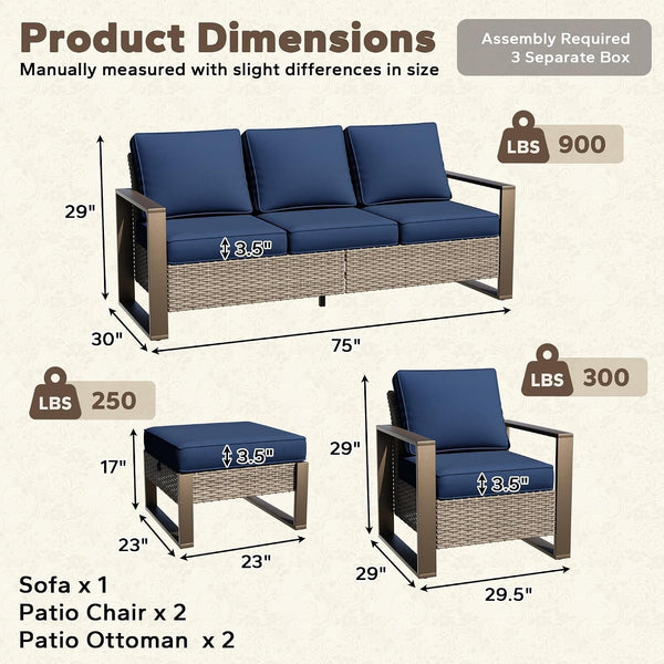 5 Pieces Metal Wicker Patio Furniture Set - 75" Sofa, Two Armchairs and Two Ottomans, All Weather Rattan Outdoor Conversation Furniture with Washable Cushion for Deck Porch, Dark Blue3
