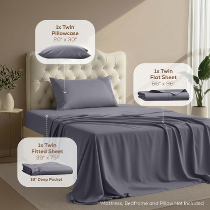 Twin Sheets Set, 3 Pieces 16" Deep Pocket Hotel Luxury Bed Sheets, Grey2