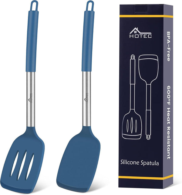 Silicone Spatula Set of 2 Heat-Resistant 600°F & Bpa-Free Kitchen Saptulaturner with Stainless Steel Handles, Slotted & Solid Spatulas for Nonstick Cookware, 13.7 Inch, Classic Blue1