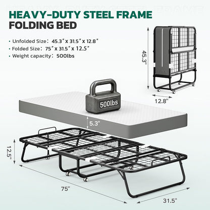 Folding Bed with 5 Inch Mattress, 75” X 31” Portable Rollaway Bed with Memory Mattress, Foldable Bed with Metal Frame for Adults,Guest,Space-Saving3
