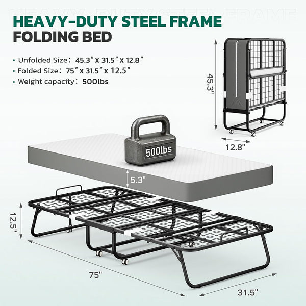 Folding Bed with 5 Inch Mattress, 75” X 31” Portable Rollaway Bed with Memory Mattress, Foldable Bed with Metal Frame for Adults,Guest,Space-Saving3