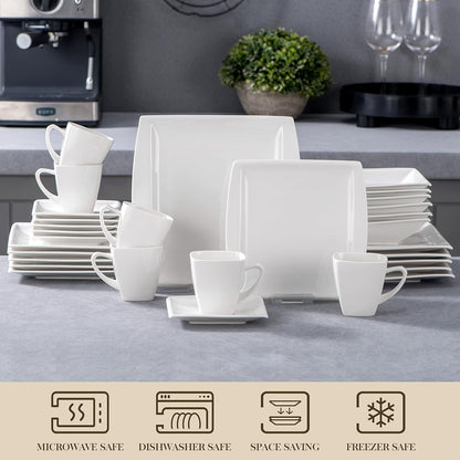 30 Piece Porcelain Dinnerware Set, Square Plates and Bowls for 64