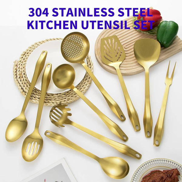 304 Stainless Steel Kitchen Utensil Set - 9Pcs Cooking Utensils, Metal Kitchen Utensil Spatula Sets Cookware,High Temperature Resistance Kitchen Tool Set for Hanging Dishwasher Safe（Gold）7