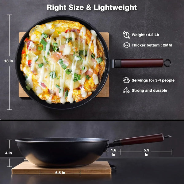 Carbon Steel Wok, 13" Woks & Stir-Fry Pans Nonstick with Lid | Pre-Seasoned Flat Bottom Chinese Wok, Wok Pan with Spatula and Dish Brush for Induction, Electric, Gas, All Stoves6