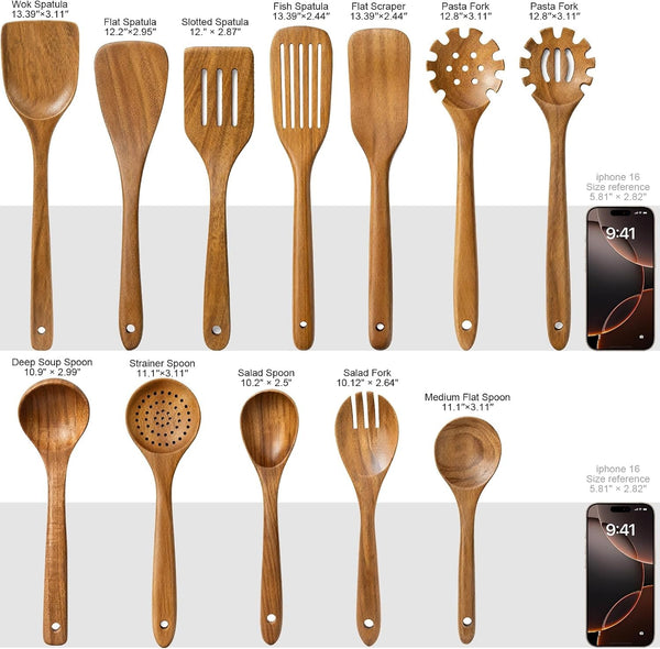 Wooden Spoons for Cooking, 12-Piece Teak Wood Kitchen Utensil Set, Nonstick Safe Wooden Spatulas and Spoons, Smooth Heat-Friendly Cooking Utensils for Everyday Meals (A12)7