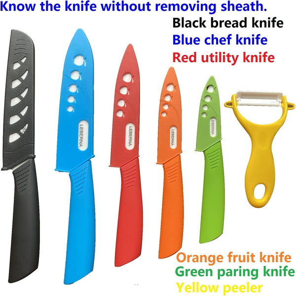 Ceramic Knife Set Ceramic Knives Set for Kitchen Knives Colored W Sheath 6" Bread Knife 6" Chef Knife 5" Utility Knife 4" Fruit Knife 3" Paring Knife 1 Peeler Colorful Rust Free Proof2