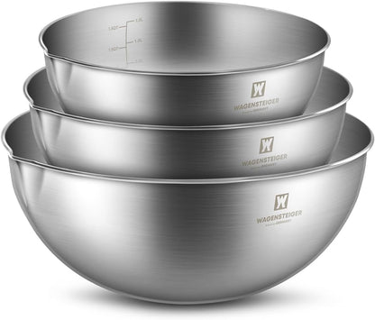 3-Piece Stainless Steel Mixing Bowl Set, Silver Color, Nesting Bowls with Pure Spout, Multipurpose Kitchen Basket, 1.56Quarts/3.17Quarts/4.23Quarts (No Color Added)1