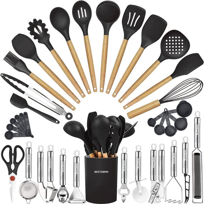Cooking Utensils Set- 35 Pcs Kitchen Utensils with Grater,Tongs, Spoon Spatula &Turner Made of Heat Resistant Food Grade Silicone and Wooden Handles Kitchen Gadgets Tools Set for Nonstick Cookware1