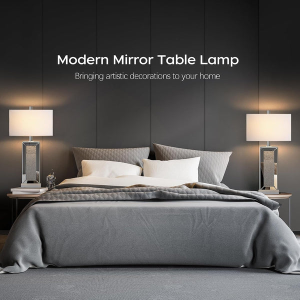 Modern Table Lamp Set of 2 Touch Control, Silver Mirror Diamond Crystal Bedside Lamp with USB C+A Ports, 3-Way Dimmable Mirrored Nightstand Lamps White Fabric Shade for Living Room Bedroom Art Decor6