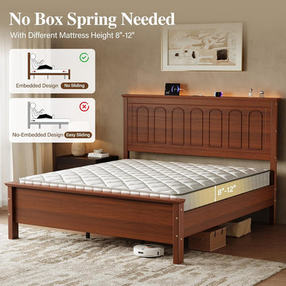 Queen Size Bed Frame with Headboard, Wood Platform Bed8