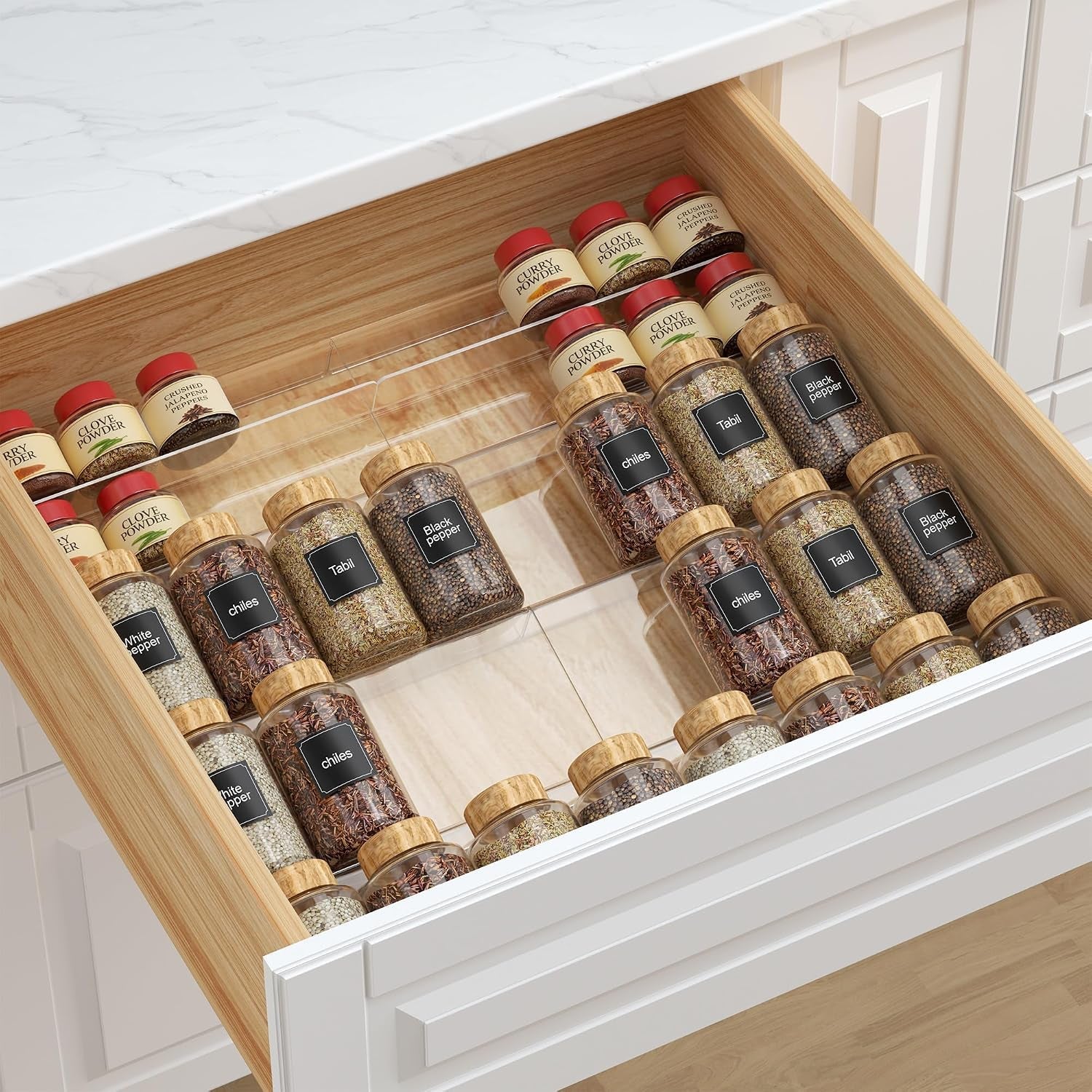 spice-drawer-organizer-clear-jars-not-included-5-tier-acrylic-seasoning-drawer-organizer-kitchen-spice-rack-for-drawer-cabinet-countertop-expandable-from-9-to17-5-in