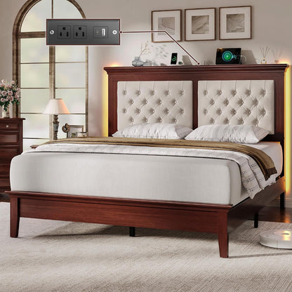 Solid Wood Queen Bed Frame 41.5” Tall Diamond-Tufted Upholstered Headboard, American Classic Flat-Top Bed, Stable Structure, Wood Slats Support, Noise-Free, No Box Spring Needed, Redish Brown8