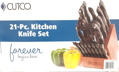 21 Piece Kitchen Set with Cherry Finish Oak Block, 8 Table Knives, Paring, Trimmers, Santoku Chopper Chef Knife, Carver, Slicer, Cheese Knife, Turning Fork, Shears, Peeler, Sharpener9