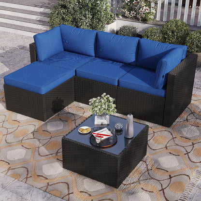 Patio Furniture Set 5-Piece, Outdoor Sectional Sofas with Washable Cushion, Wicker Rattan Patio Conversation Sets for Backyard Porch and Poolside, Navy1