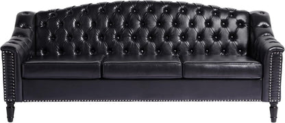 Mid-Century Modern Leather Couch, 80" Large Upholstered Sofa with High Back, Chesterfield Sofa Sleeper Settee with Solid Wood Legs, Tufted 3 Seater Wide Couches for Living Room Office (Black)8