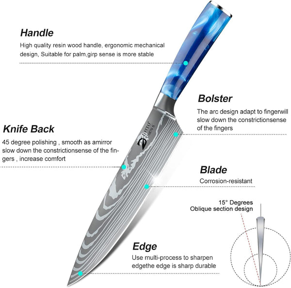 Chef Knife Sets with Roll Bag, 9 Pieces Professional Knife Set | High Carbon Stainless Steel Kitchen Chef Knife Set with Sharpener, Blue Resin Handle, Kitchen & Home Cooking, Dishwasher Safe3