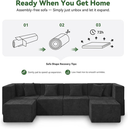 U Shaped Boneless Sectional Couch Oversized, Chenille, Black10