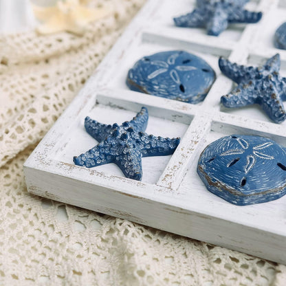 Beach Decor Tic Tac Toe 5 Sand Dollars & 5 Starfish Pieces Wood Board Travel Game for Coastal House Coffee Table Decor, Blue4