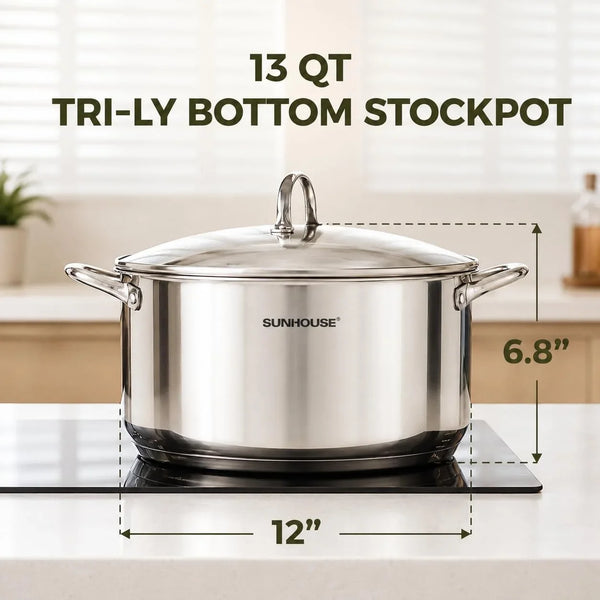13 Quart Stock Pot with Lid, Stainless Steel Large Pot for Cooking | 13QT Big Pots for Pasta, Soup - Stockpot for Canning, Seafood Boil with Impact Bonded Base - Oven Safe & Induction Compatible2