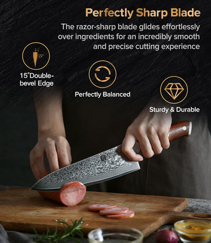 Chef Knife 8.3 Inch, VG-10 Super Stainless Steel Gyuto Knife for Professional Chefs and Home Cooking, Ultra Sharp Kitchen Knife with Rosewood Handle - Yu Series3