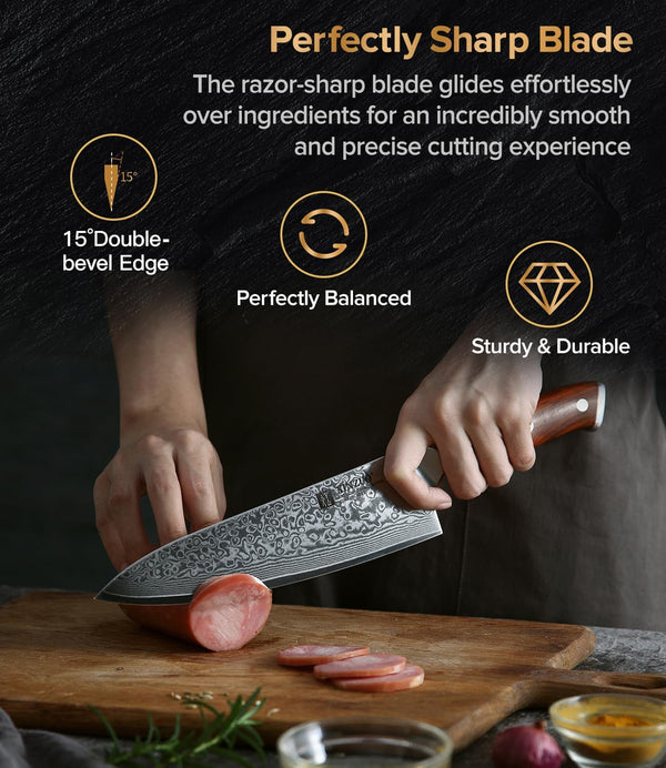 Chef Knife 8.3 Inch, VG-10 Super Stainless Steel Gyuto Knife for Professional Chefs and Home Cooking, Ultra Sharp Kitchen Knife with Rosewood Handle - Yu Series3