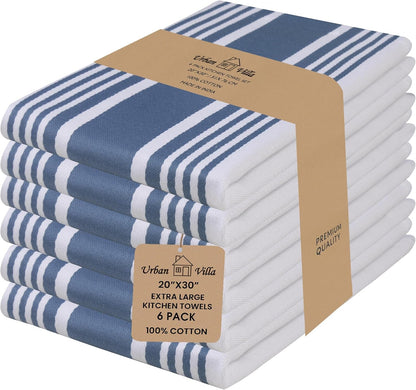 Kitchen Towels 100% Cotton Dish Towels for Kitchen (Set of 6) 20”X30” Dish Cloths Highly Absorbent Kitchen Linen Set with Hanging Loop Perfect for Drying Dishes Cleaning Towels-Blue White1