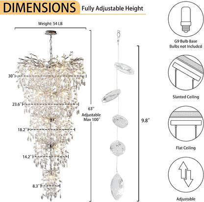 118" Large Crystal Chandelier for High Ceiling, 28-Light Silver Tree Branch Chandelier for High Ceilings, Staircase, Foyer, Entryway, Living Room, Luxury Long K9 Crystal Raindrop Tiered Chandeliers4