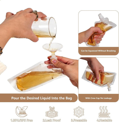 Plastic Flasks 40 PCS - Leak-Proof, Reusable, Flexible Juice Bags, Bpa-Free for Travel, Outdoor Sports, Concerts, Events (8OZ - 40PCS + 3 Funnels)3
