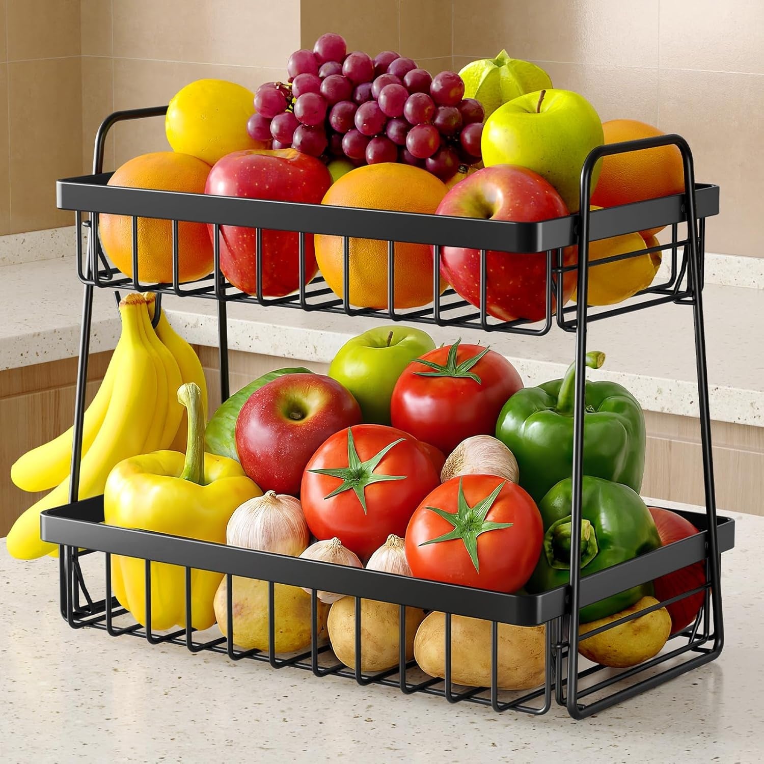 fruit-basket-for-kitchen-counter-2-tier-fruit-bowl-with-removable-banana-hanger-handles-rustproof-fruit-holder-for-kitchen-living-room-bathroom-13-4-8-7-11-7-black