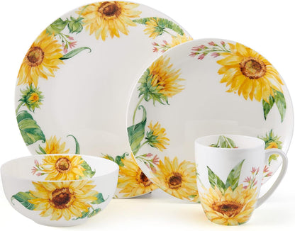 Sunflower Bone China Lightweight Chip Resistant 16 Piece Dinnerware Set, Service for 4, Multicolor2