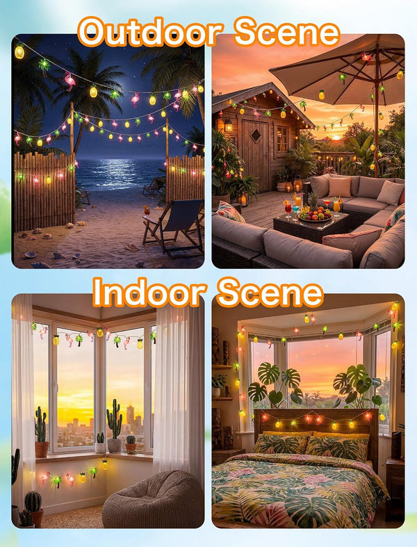 Summer Beach String Lights Plug In, 12FT 20LED UL Listed Connectable Hawaiian Tropical Party Fairy Lights Flamingo Palm Tree Pineapple, Outdoor Theme Tiki Bar Decor IP44 Waterproof Fun Light9
