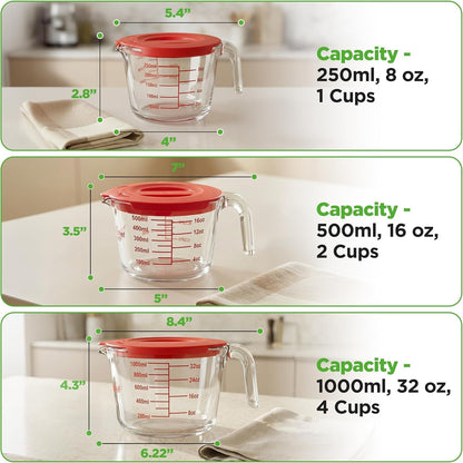 1,2 and 4 Cups Glass Measuring Cup Set with Lids (8, 17 and 34 Oz) - Heat-Resistant Borosilicate Liquid Measure Cups with Easy-Read Scale for Cooking, Baking & Food Storage, Dishwasher Safe8