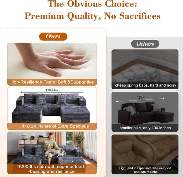 110 Corduroy Modular Sectional Boneless Sofa with 2 Ottomans, Convertible Cloud Couch with Deep Seats, Fluffy Memory Foam U Shaped Couch for Living Room, No Assembly Required (Gray)6
