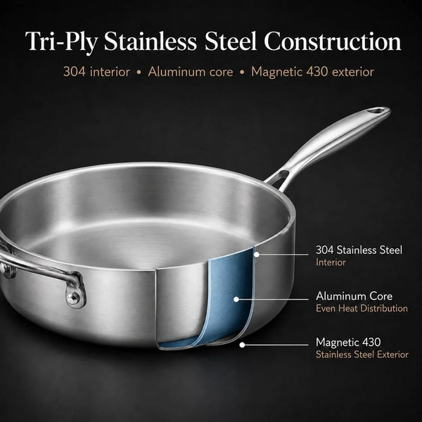11 Inch Tri-Ply Stainless Steel Saute Pan with Glass Lid, 4.7 QT Deep Skillet for 3–4 Servings, 18/10 304 Interior, Induction Compatible, Oven & Dishwasher Safe3