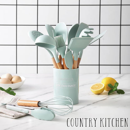 Non Stick Silicone Utensil Set with Rounded Wood Handles for Cooking and Baking, 14 Piece Set, Mint6