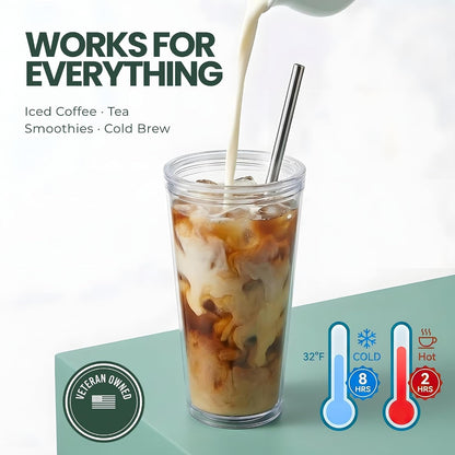Reusable Iced Coffee Cup with Lid and Straw, 24 Oz/Venti, Bpa-Free Double-Wall Insulated Plastic Tumbler for Cold Drinks, Includes Clear Plastic Straw, Stainless Steel Straw and Cleaning Brush, White2